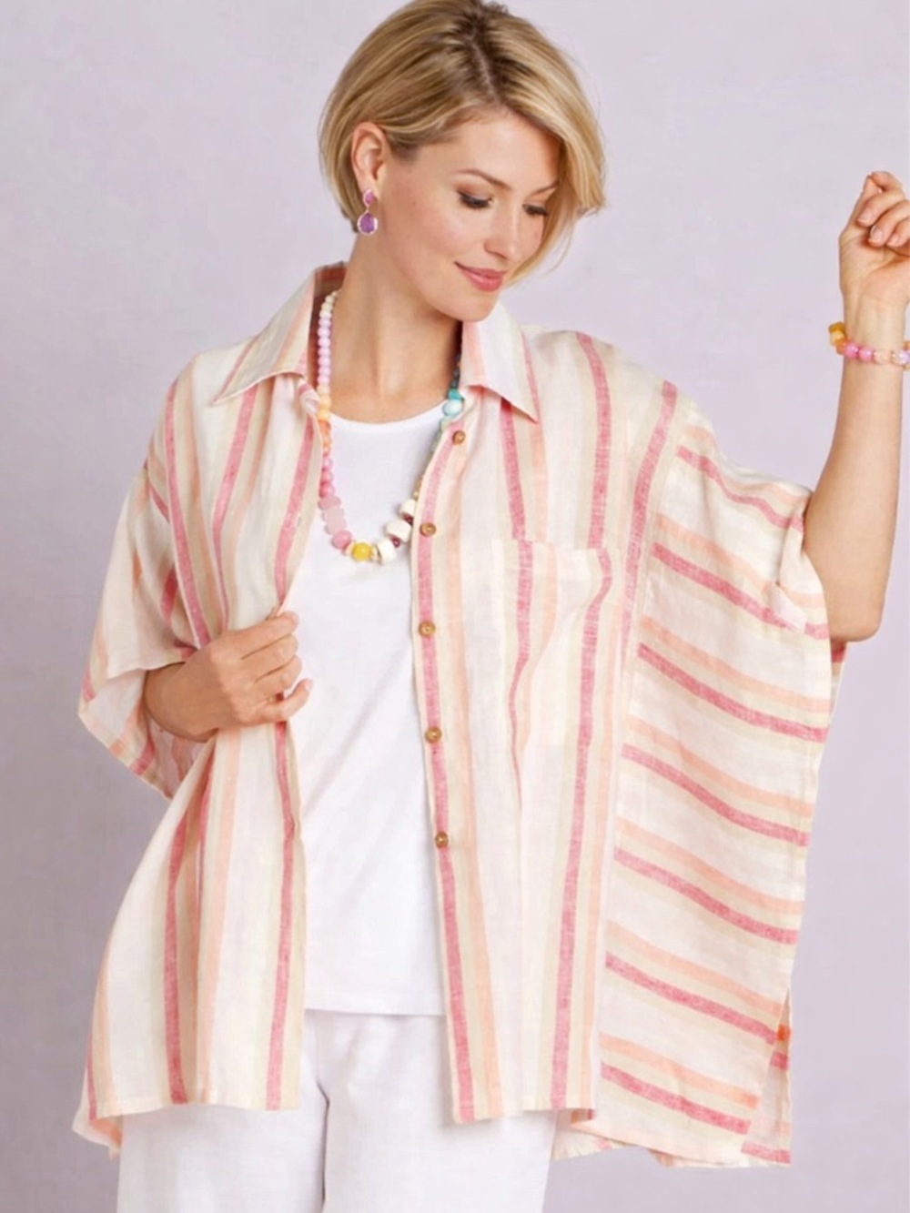 Saachi Linen Cotton Oversized Tunic Shirt OS Pink‎ Stripe Resort